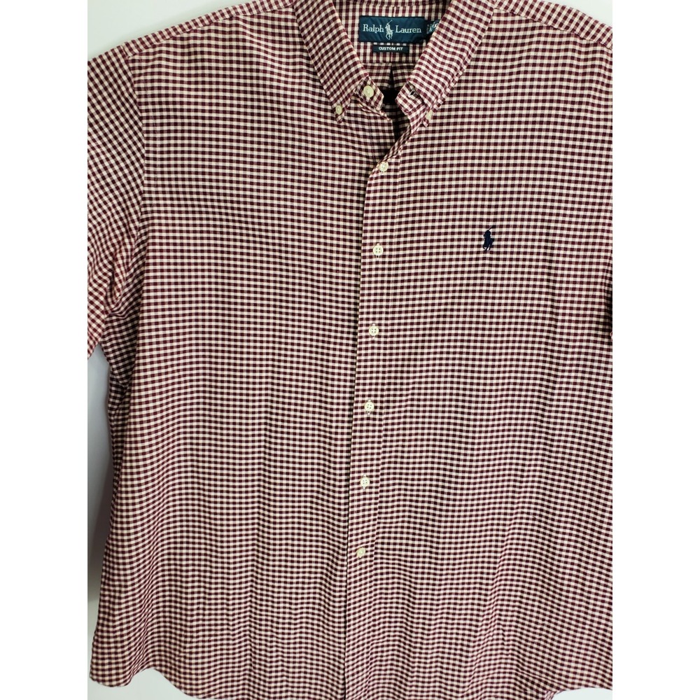 Ralph Lauren Mens XXL Custom Fit Burgundy Gingham Button Down Shirt Long Sleeve